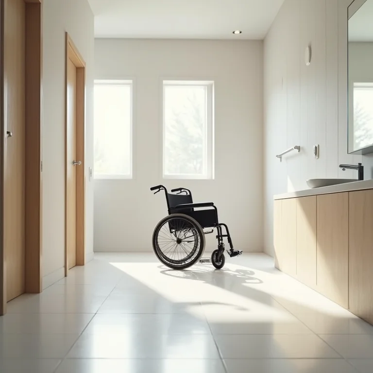 Área de manobra para cadeirantes em um banheiro acessível.