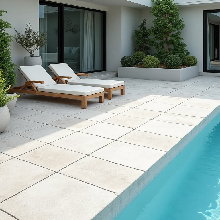 Área de piscina com piso antiderrapante e design moderno.