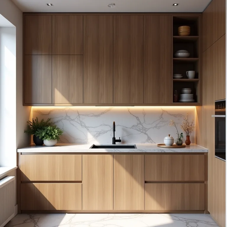 Armário de cozinha pequeno com design luxuoso e acabamento premium.