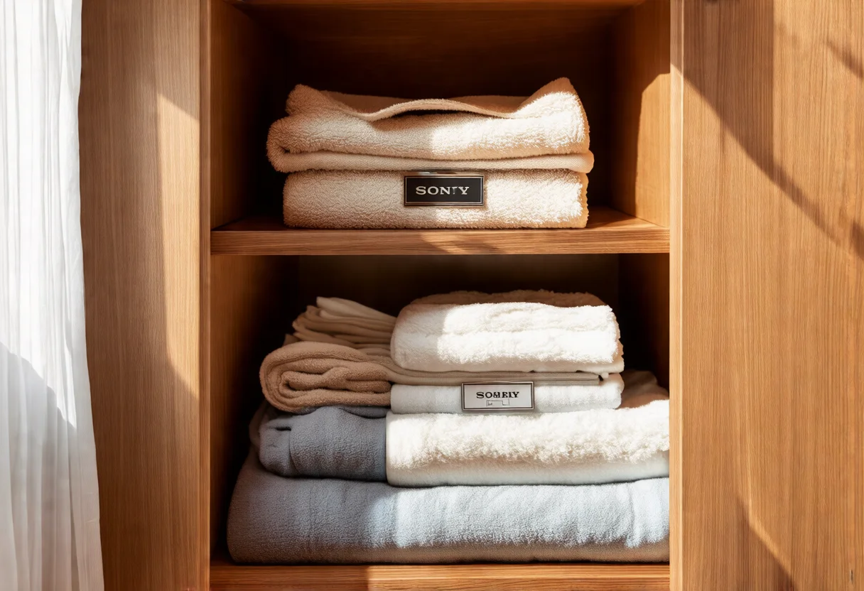 Armário de linho impecavelmente organizado com toalhas e lençóis dobrados e caixas de armazenamento etiquetadas, otimizando a rotina de limpeza e organização.