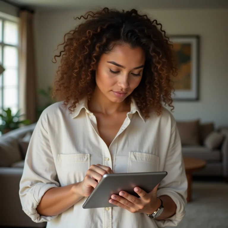 Arquiteta analisando projeto em tablet com expressão pensativa