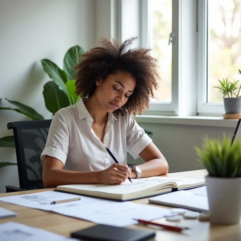 Arquiteta Latina rabiscando em caderno em escritório moderno e iluminado