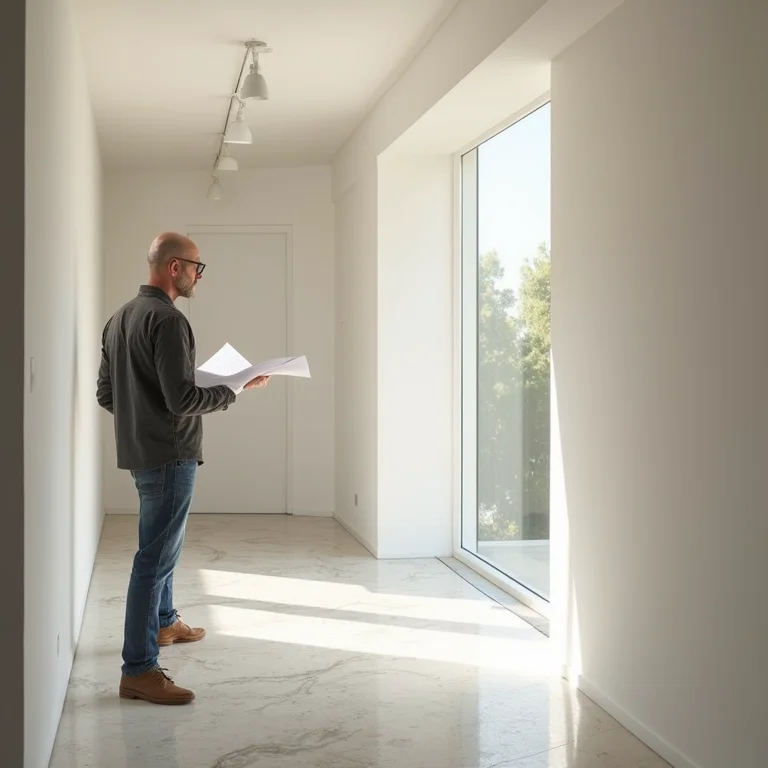 Arquiteto ou designer de interiores analisando o espaço de um corredor.