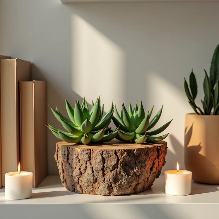 Arranjo criativo de tronco e suculentas na decoração