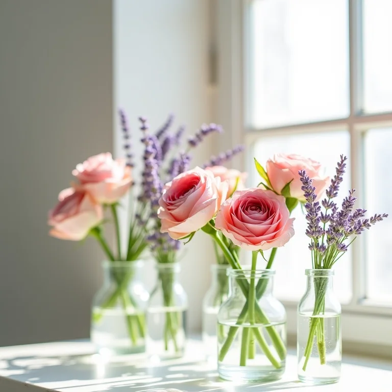 Arranjo de flores comestíveis em vasos de vidro