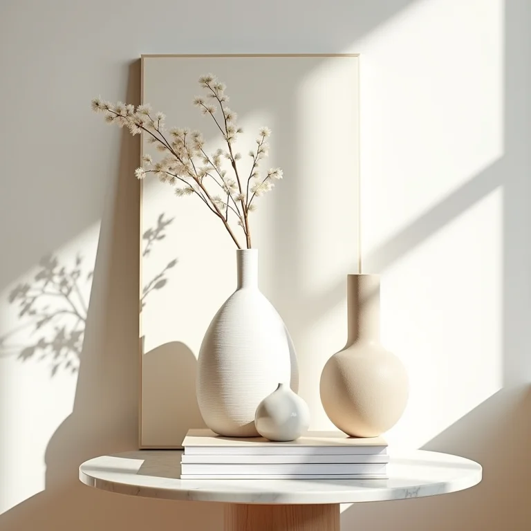 Arranjo de objetos decorativos em tons neutros