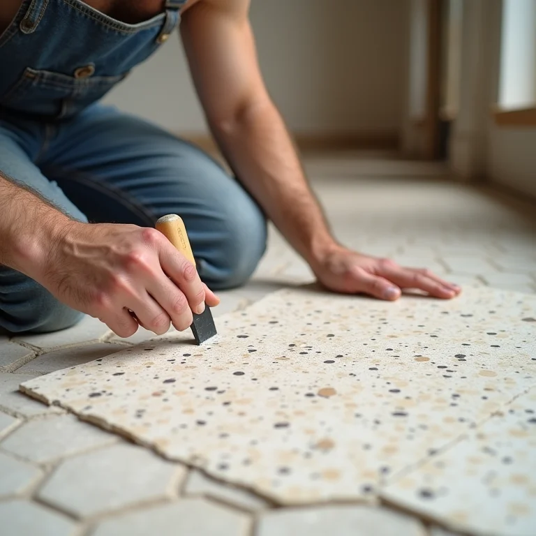 Artesão instalando piso de caco de mármore.