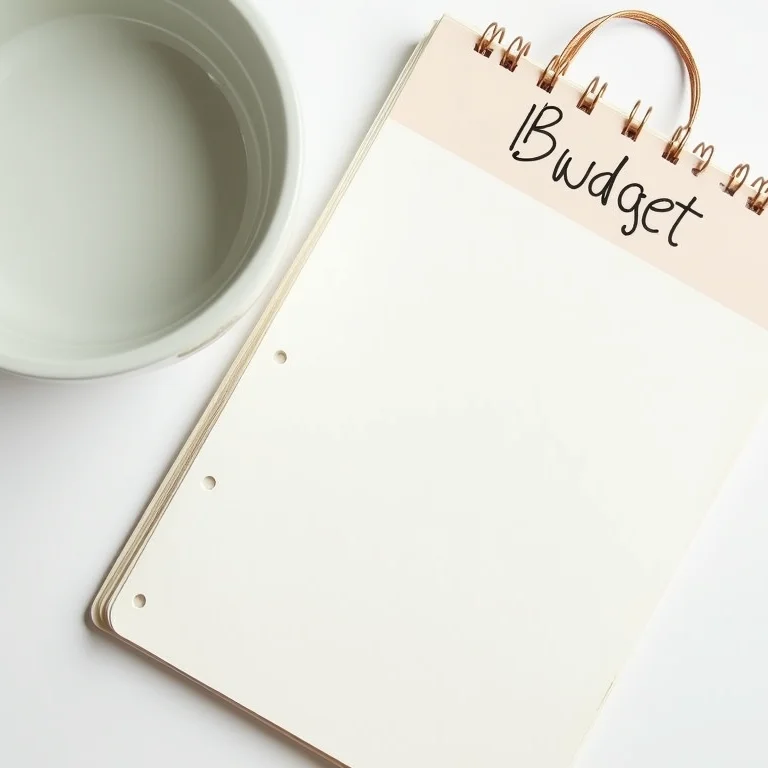 Bacia plástica simples ao lado de um caderno de planejamento financeiro, enfatizando a economia.