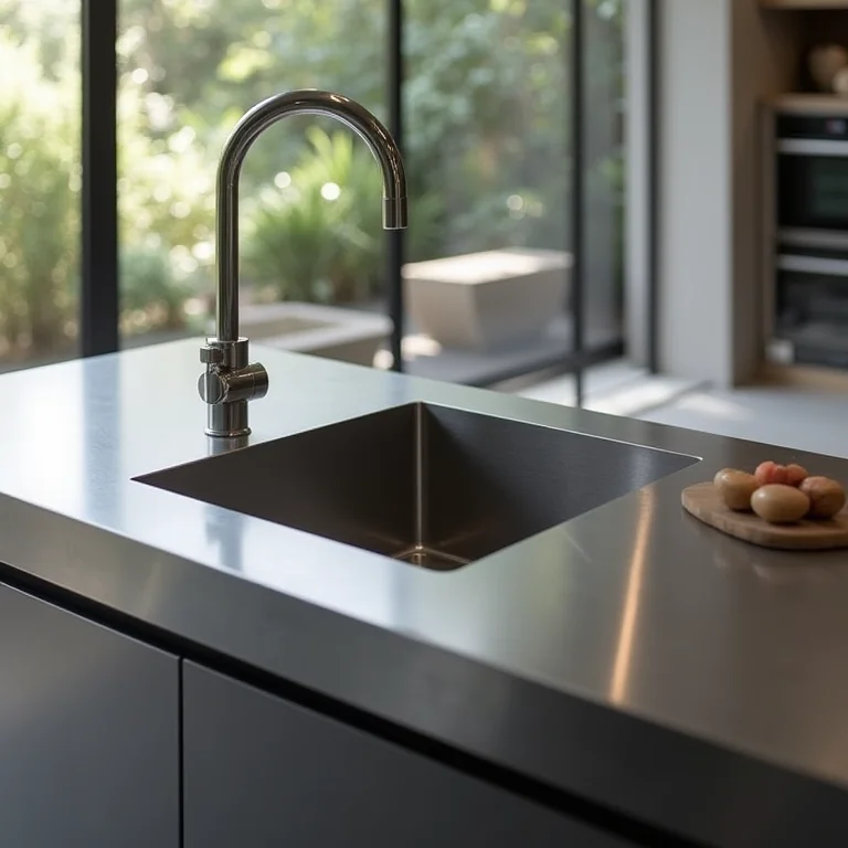 Bancada de inox com cuba integrada.