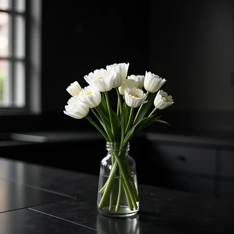 Bancada preta com vaso de flores brancas