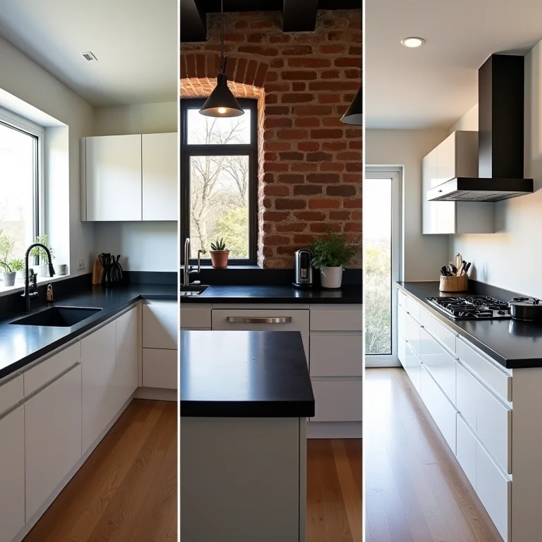 Bancada preta em cozinhas de estilos diferentes