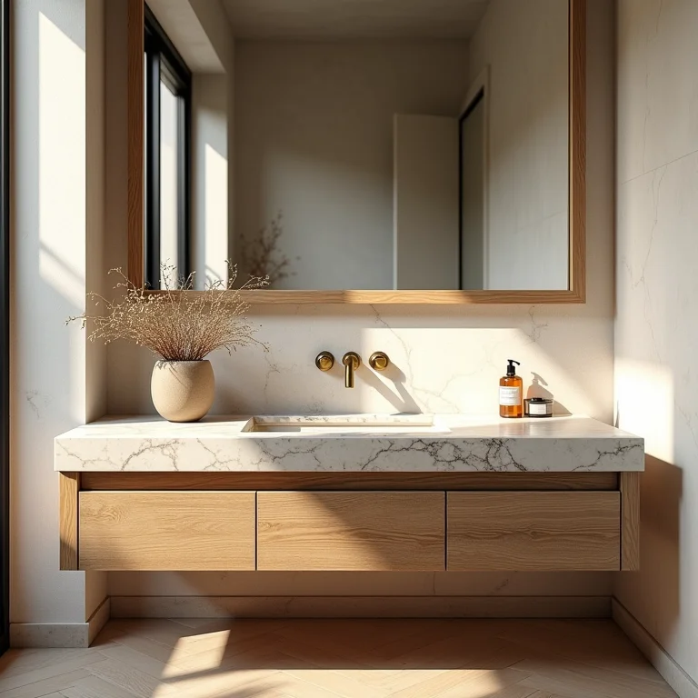 Bancada rústica com pia de mármore travertino.