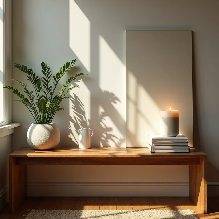 Banco de madeira com objetos decorativos diversos.