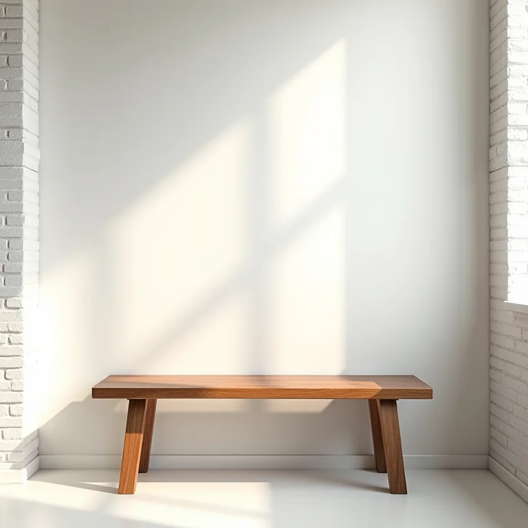 Banco de madeira em banheiro com tijolinho branco