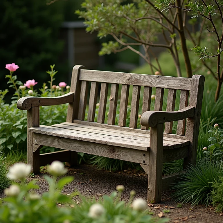 Banco rústico de madeira em um jardim florido.