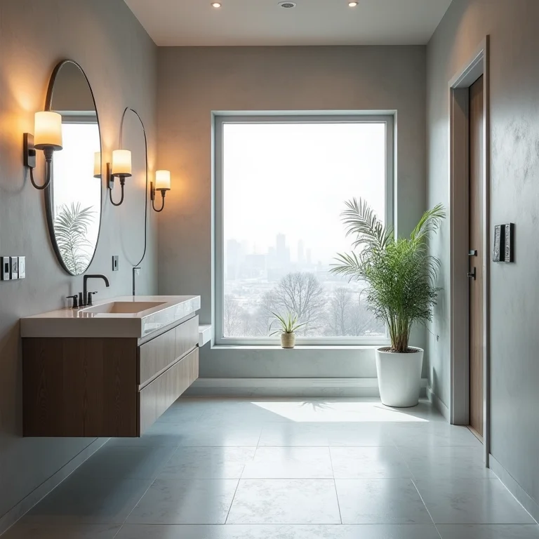 Banheiro cinza bem iluminado com luz natural e artificial