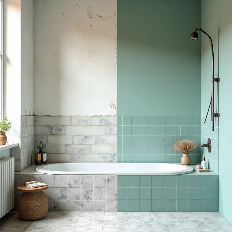 Banheiro com azulejos transformados usando tinta, mostrando o antes e depois.