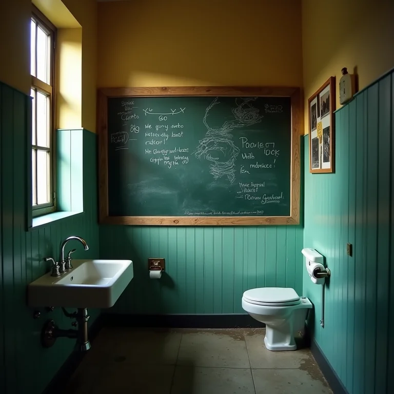 Banheiro com iluminação deficiente e parede de lousa pouco legível