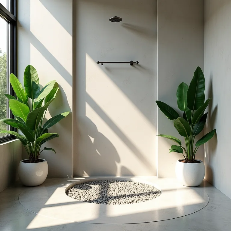 Banheiro com seixos e plantas, detalhes criativos