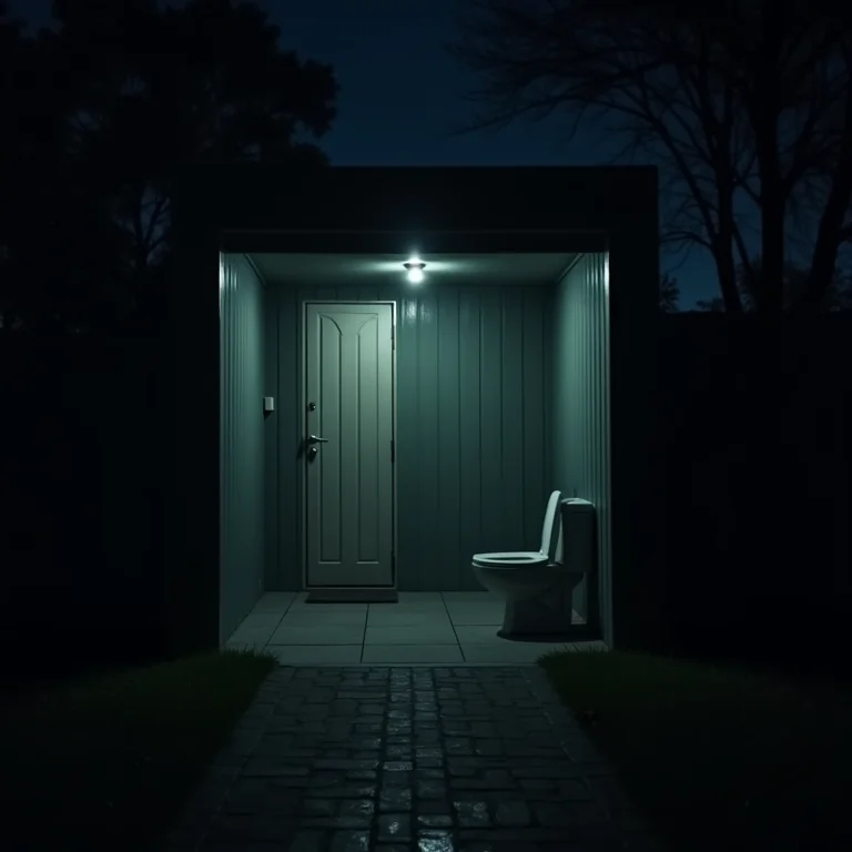 Banheiro externo mal iluminado à noite