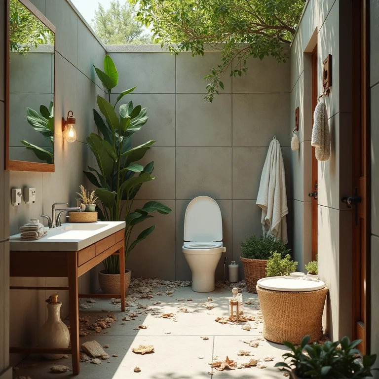 Banheiro externo pequeno e desorganizado