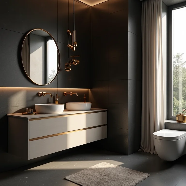 Banheiro moderno com contraste de cores e metais dourados