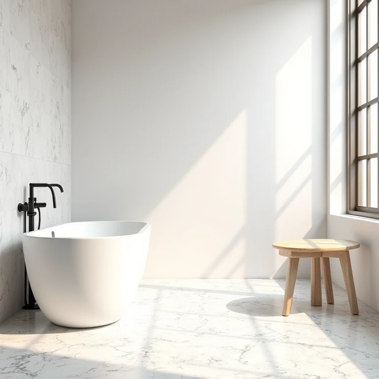 Banheiro moderno com piso de caco de mármore e banheira.