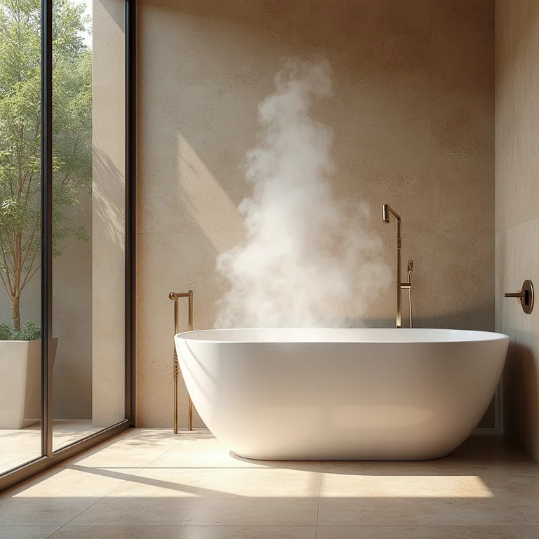 Banheiro moderno com piso de pastilha de coco e banheira com vapor.