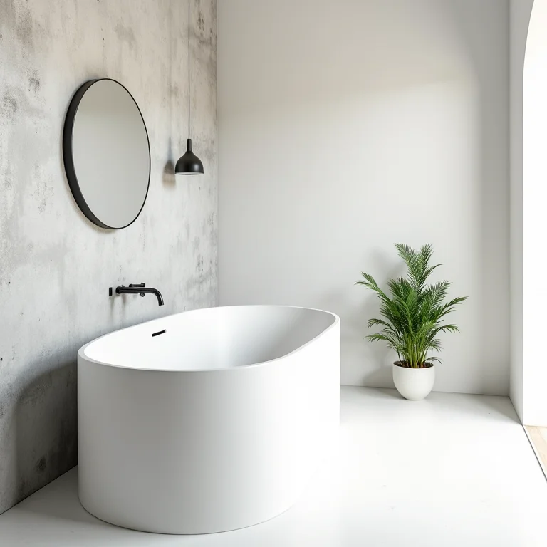 Banheiro monocromático com paredes de concreto e detalhes minimalistas