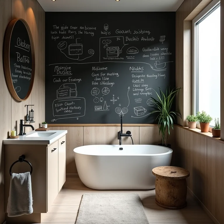 Banheiro organizado com parede de lousa para anotações e desenhos