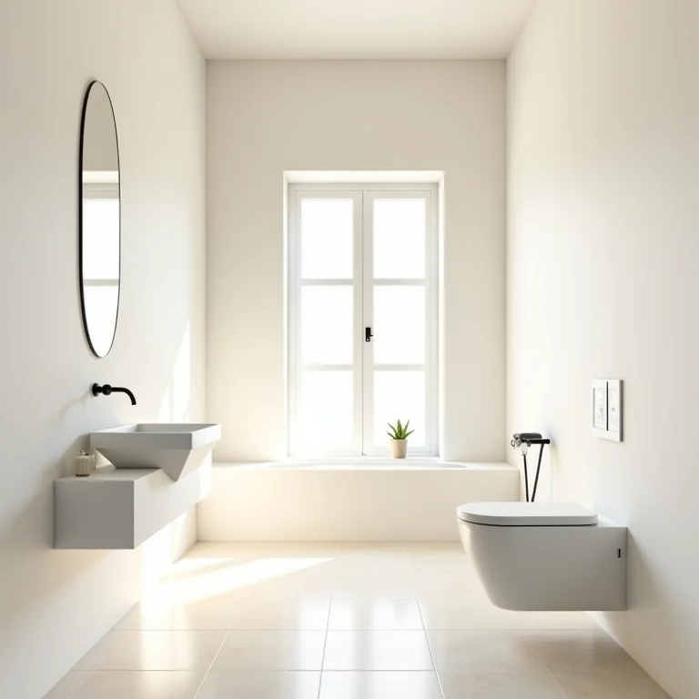 Banheiro pequeno com cores claras e boa iluminação