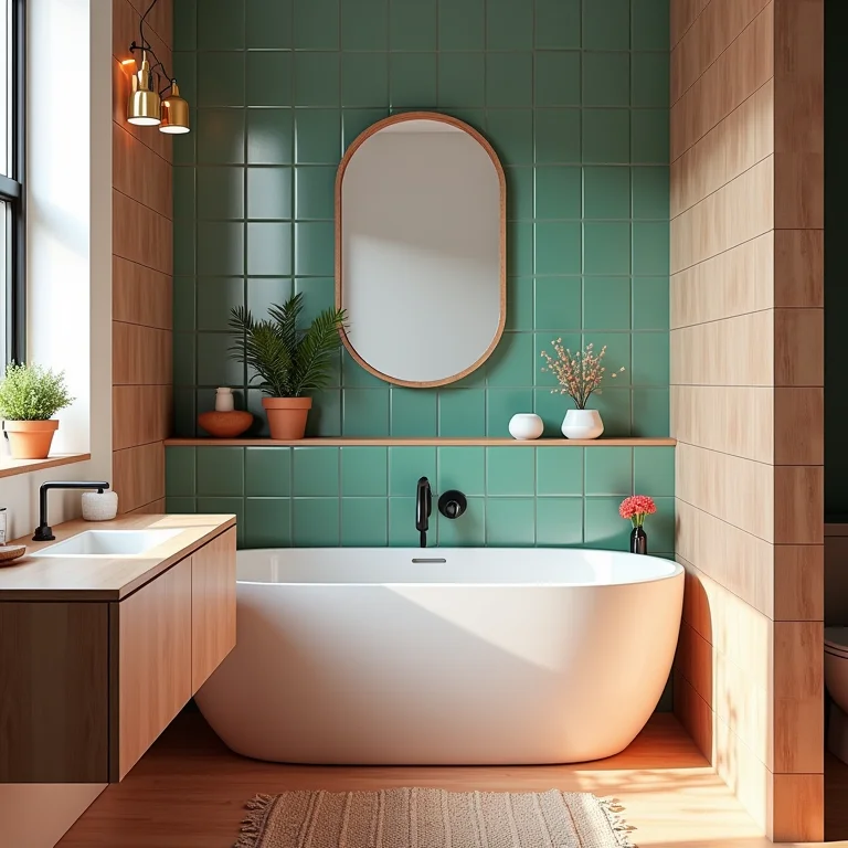 Banheiro pequeno com cores vibrantes e decoração personalizada