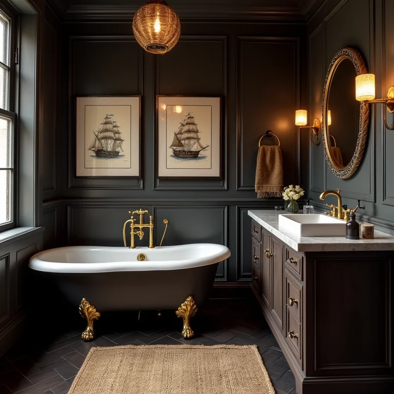 Banheiro pirata clássico com banheira de pés e detalhes em dourado.