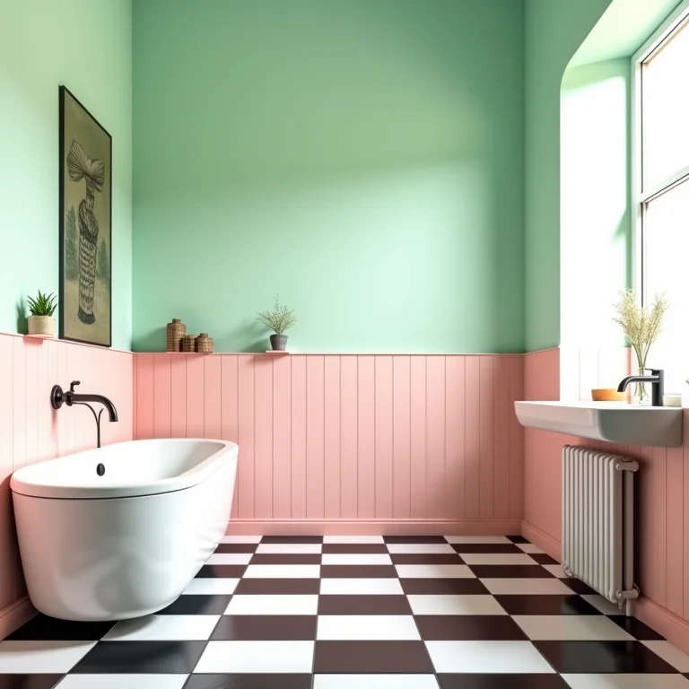 Banheiro retrô com piso xadrez e cores pastel