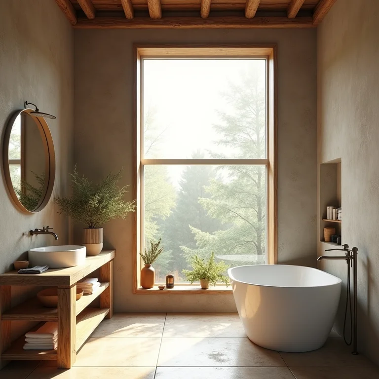 Banheiro rústico bem iluminado e ventilado.