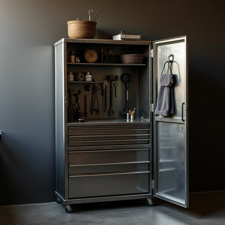 Banheiro temático de moto com caixa de ferramentas de metal usada como armário.