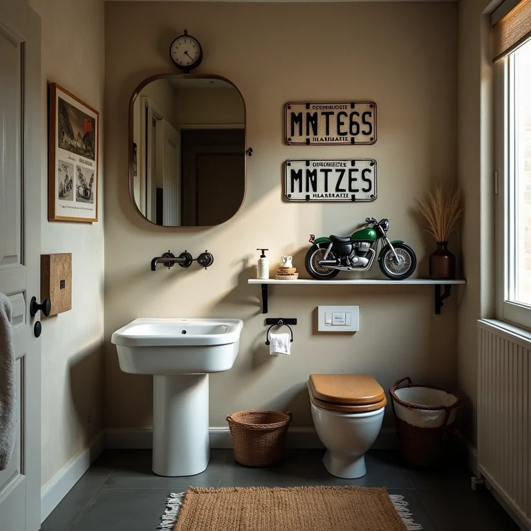 Banheiro temático de moto com detalhes sutis, como placas e miniaturas.