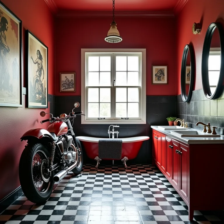 Banheiro temático de moto com estilos variados: clássico, custom, esportivo e vintage.