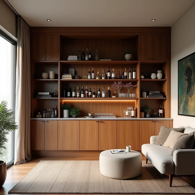 Bar de tamanho desproporcional em uma sala pequena, dominando o ambiente.