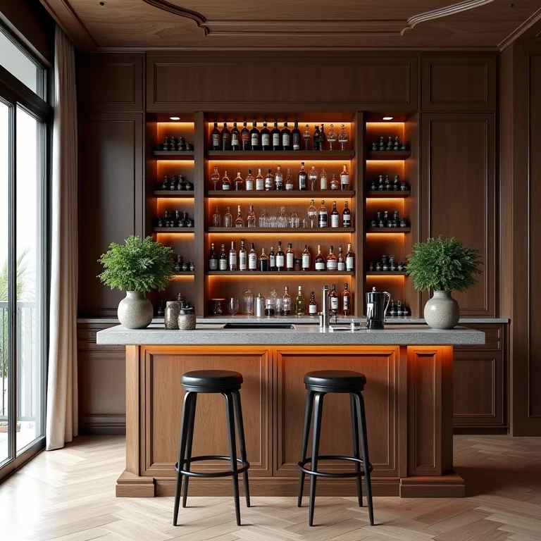 Bar em sala de estar com estilos conflitantes, causando desarmonia visual.