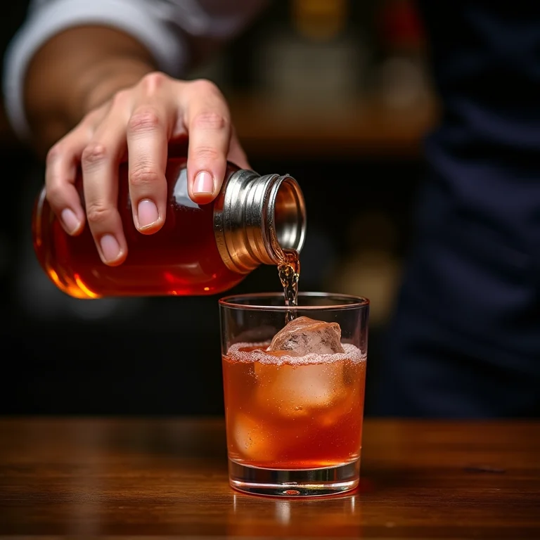 Bartender preparando um drink e servindo no copo ideal.