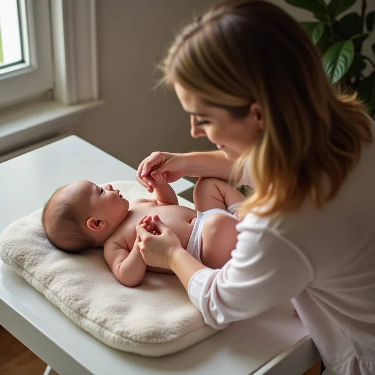 Bebê confortável no trocador portátil