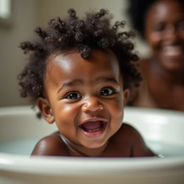 Bebê de pele escura e cabelo cacheado sorrindo durante o banho