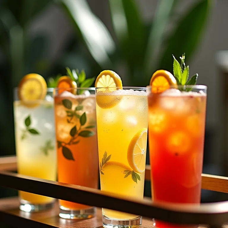 Bebidas refrescantes e coloridas em carrinho de bar para chá de panela