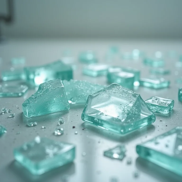 Box de vidro temperado estilhaçado em pequenos pedaços