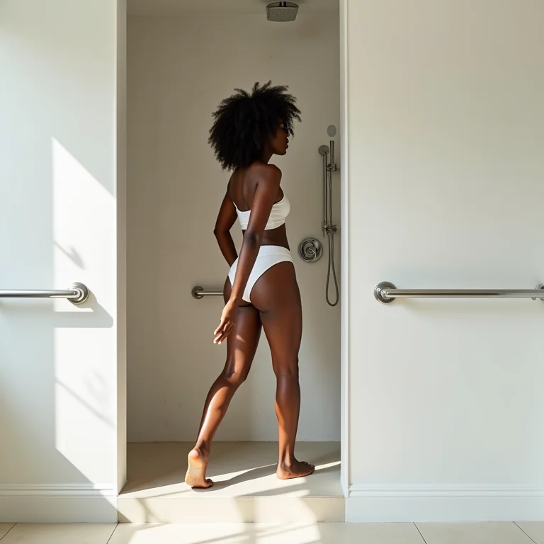 Box seguro e bonito com porcelanato e barra de apoio.