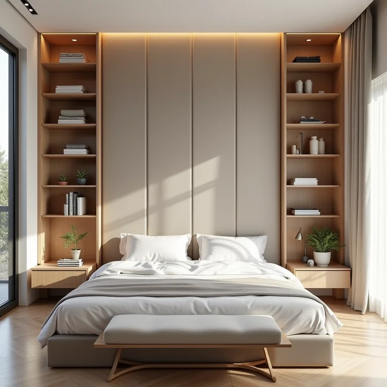 Cabeceira com prateleiras e compartimentos