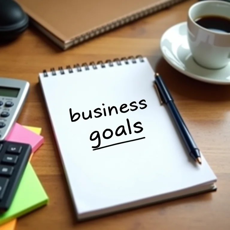 Caderno com os dizeres 'objetivos de negócio' e itens de papelaria em uma mesa.