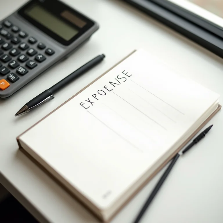 Caderno minimalista com lista de despesas, caneta e calculadora.