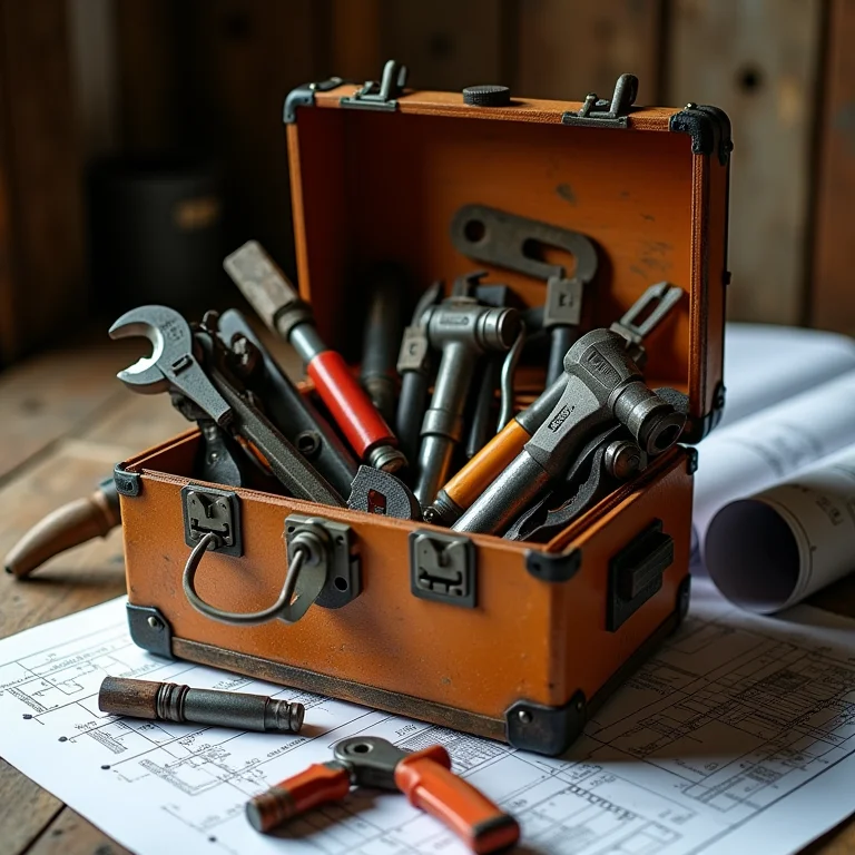 Caixa de ferramentas transbordando com planta arquitetônica ao fundo